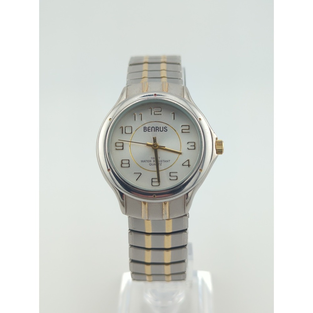 Benrus Mens Quartz‎ Two-Tone Stretch Bracelet Watch - New Battery - Very Clean
